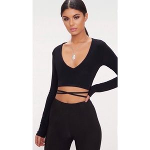 Black V-Neck Crop Top Rib Tie